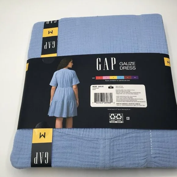 Gap Women's Gauze Tiered Dress Size Medium  Blue Short Sleeve BOHO V Neck - Picture 5 of 7
